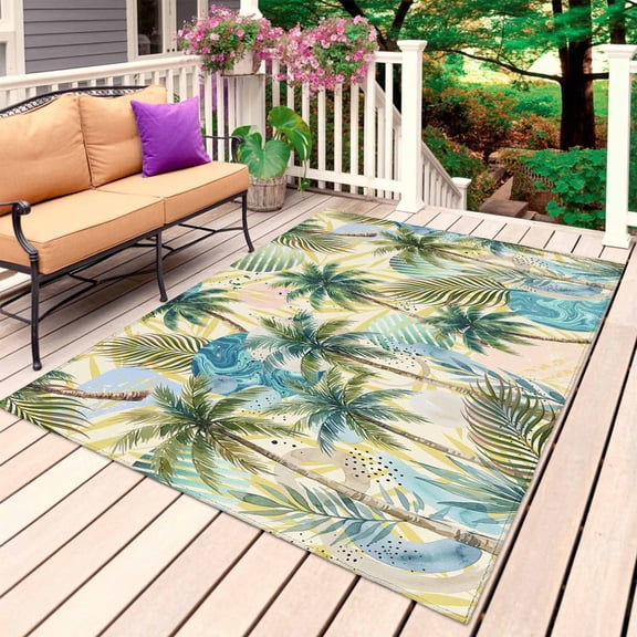 Tropical Plant Outdoor Rug 6x9 Ft, Non Slip Washable Area Rug, Summer Watercolor Boho Green Palm Tree Beige Patio Rugs Carpet Runner, Large Floor Mat for Indoor/Outdoor Deck Porch Camping