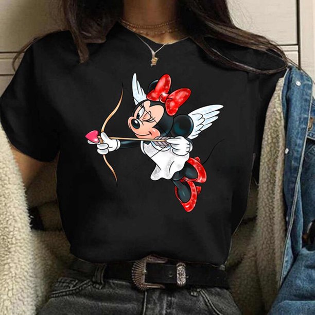 KISS Mickey and Minnie Cute Women's Top O-Neck Summer Women's T-Shirt Kawaii Mickey Mouse Casual TopS Gao Jinjia LED
