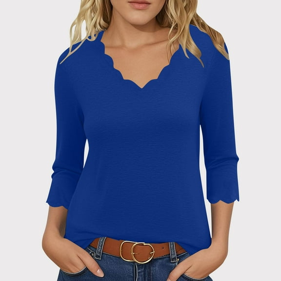 Sakmal Trendy Women's Blouses Royal Blue Plus Size Tops V Neck 3/4 Sleeve Plain Tops for Women