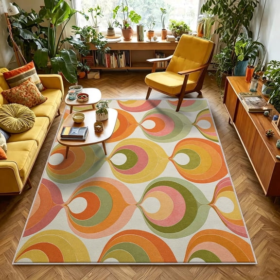 Mid Century Retro Area Rugs, Pink Green 50s Abstract Carpet, Washable Non Slip Low Pile Soft Rug for Living Room Bedroom Bedside Decor Mat 2x3ft