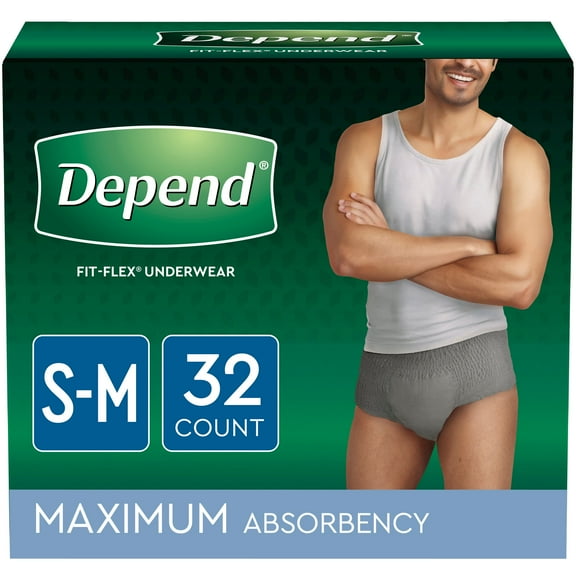Depend Fit-Flex Incontinence Underwear for Men, Maximum Absorbency, Small/Medium, Grey, 32 Ct (Pack of 2 | Total of 64 ct)