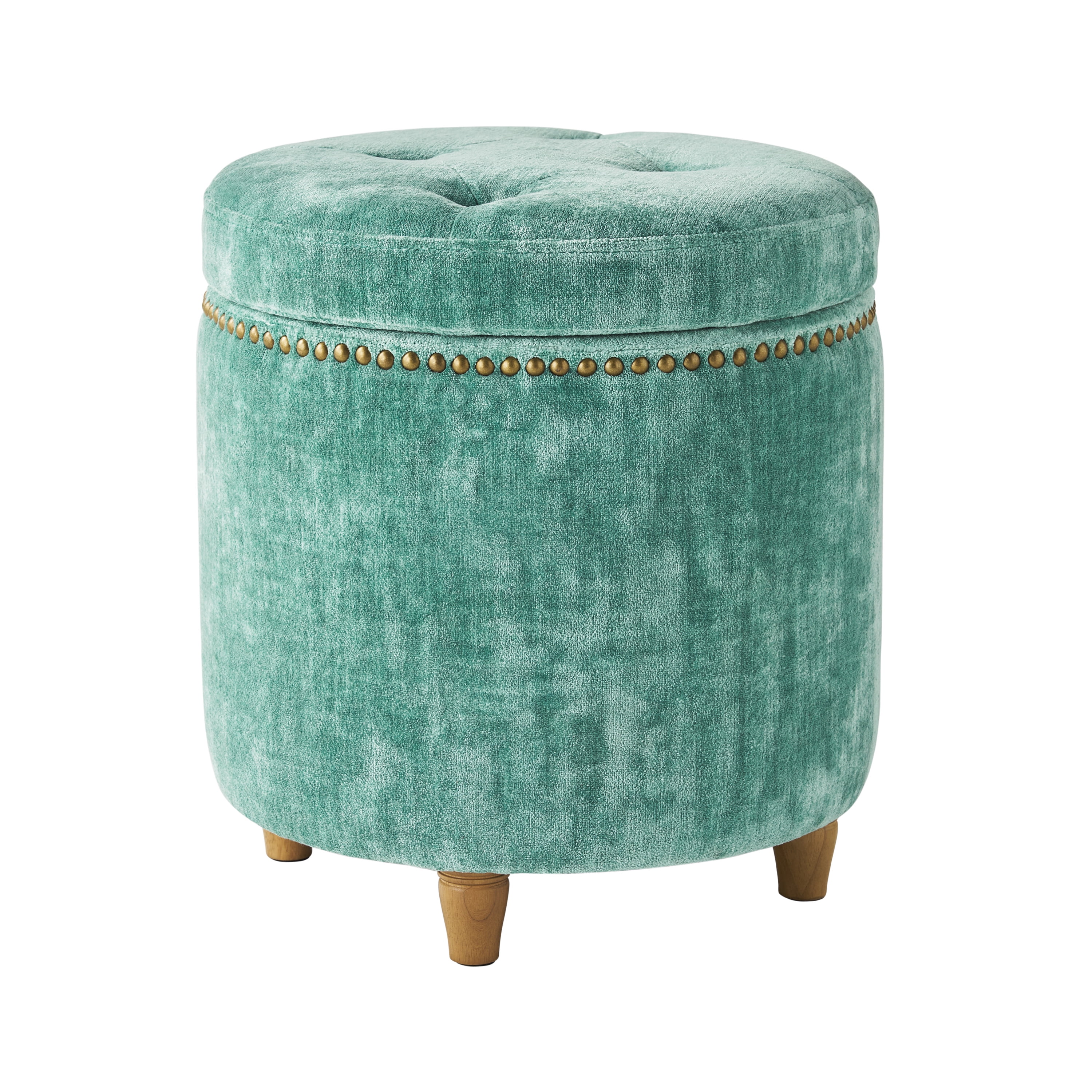 The Pioneer Woman Harper Round Velvet Storage Ottoman, Jade, 17.72 in
