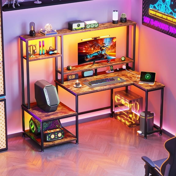 L Shaped Gaming Desk with LED Lights & Outlets,55" Computer Desk with Hutch & Storage Shelves,Reversible Corner Gaming Table with Printer Space & Monitor Stand for Home Office,Rustic Brown