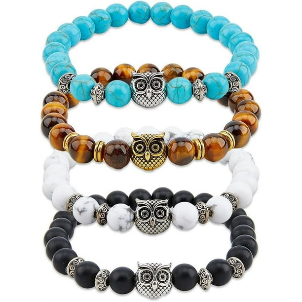 Juego de 4 pulseras de búho con energía curativa, pulseras de piedras de la suerte, pulseras de cuentas con dijes de búho, pulseras elásticas para la ansiedad, pulseras para parejas, regalos.