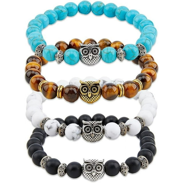 Juego de 4 pulseras de búho con energía curativa, pulseras de piedras de la suerte, pulseras de cuentas con dijes de búho, pulseras elásticas para la ansiedad, pulseras para parejas, regalos.