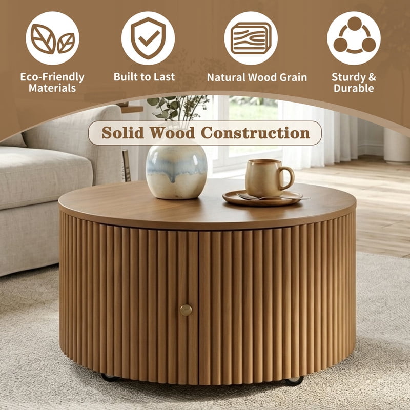 30.3'' Round Fluted Design Coffee Table with Rolling Casters & Dual Hidden Storage Drawers, Drum Base Center Cocktail Table