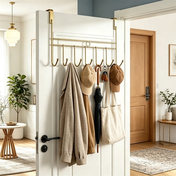 JUXIAO 3PCS Gold Metal over The Door Hooks, over The Door Towel Rack Coat Rack Hanger with 7 Hooks Holder for Clothes, Coat, Hat, Towel, Key Ued and Home, Office, Kitchen