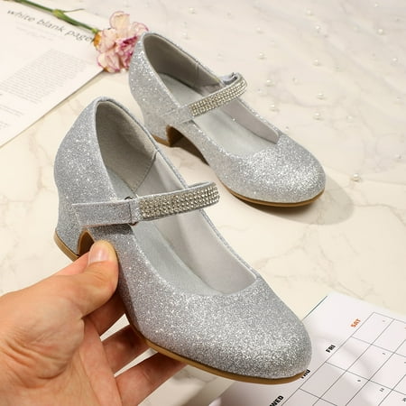 Kushyshoo Girl Mary Jane Shoes Low Heel Rhinestones Princess Flats Silver Dress Pump Shoes for Little Kid Size 11