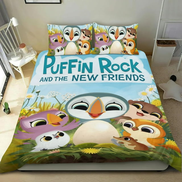 Puffin Rock Conjunto de sábanas temático, trío de piezas, cómodo y amigable con la piel, diseño único, regalo de decoración para el hogar para familiares, amigos y fans,140cm *210cm