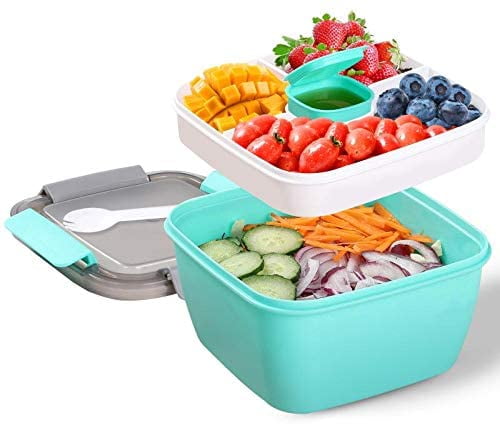 2-Tier Large 52oz Salad Lunch Container Salad Bowl Sauce Container Fork Spoon 