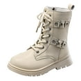 thumbnail image 3 of Quealent Girls Boys Ankle Boots Side Zipper Combat Shoes with Lace Up for Toddler/Little Kid/Big Kid Beige for Size 10.5, 3 of 9