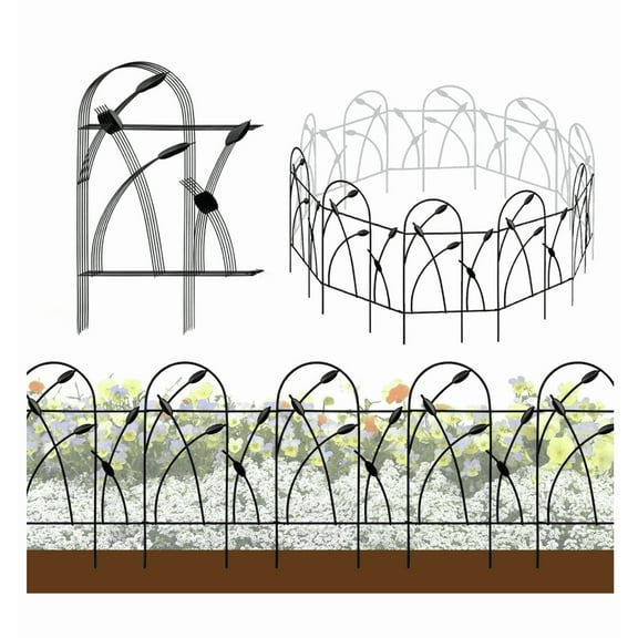 No Dig Fence Rustproof Wrought Iron Landscape Fencing for Flower Bed, Trees, Animal Barrier, Black