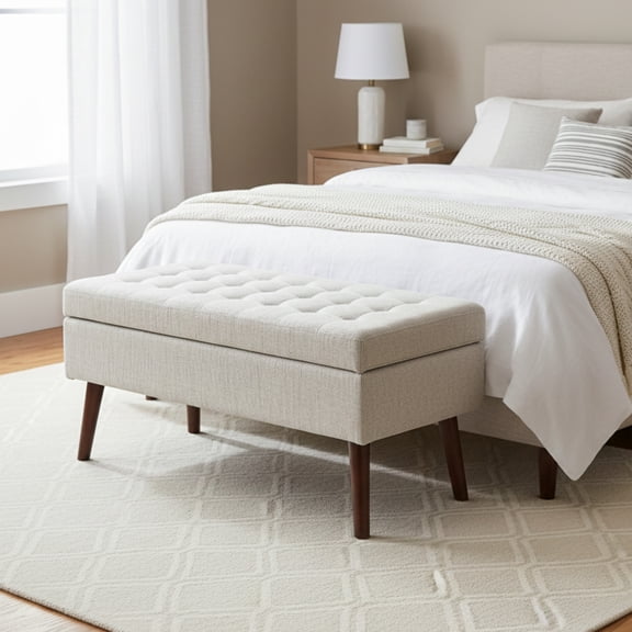 Hearthora 43.3" Upholstered Storage Bench, Linen Tufted Ottoman Bench for Bedroom or Entryway