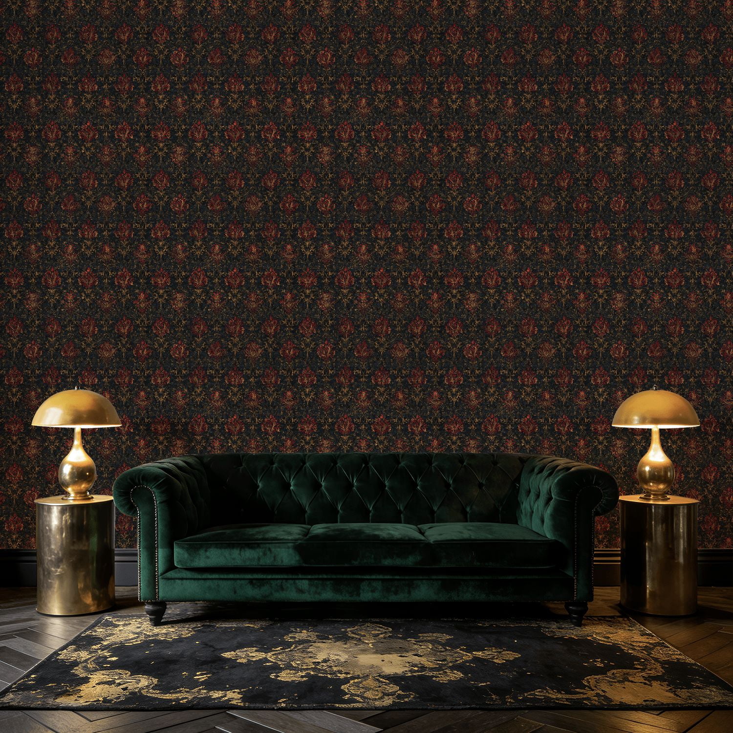 Peel and Stick Wallpaper Elegant Vintage Floral Damask Red Gold Accents Black Wall Mural 17.7in x 9.8ft Self Adhesive Removable Wall Paper Renter Friendly Wallpaper for Nursery Bedroom Cabinets
