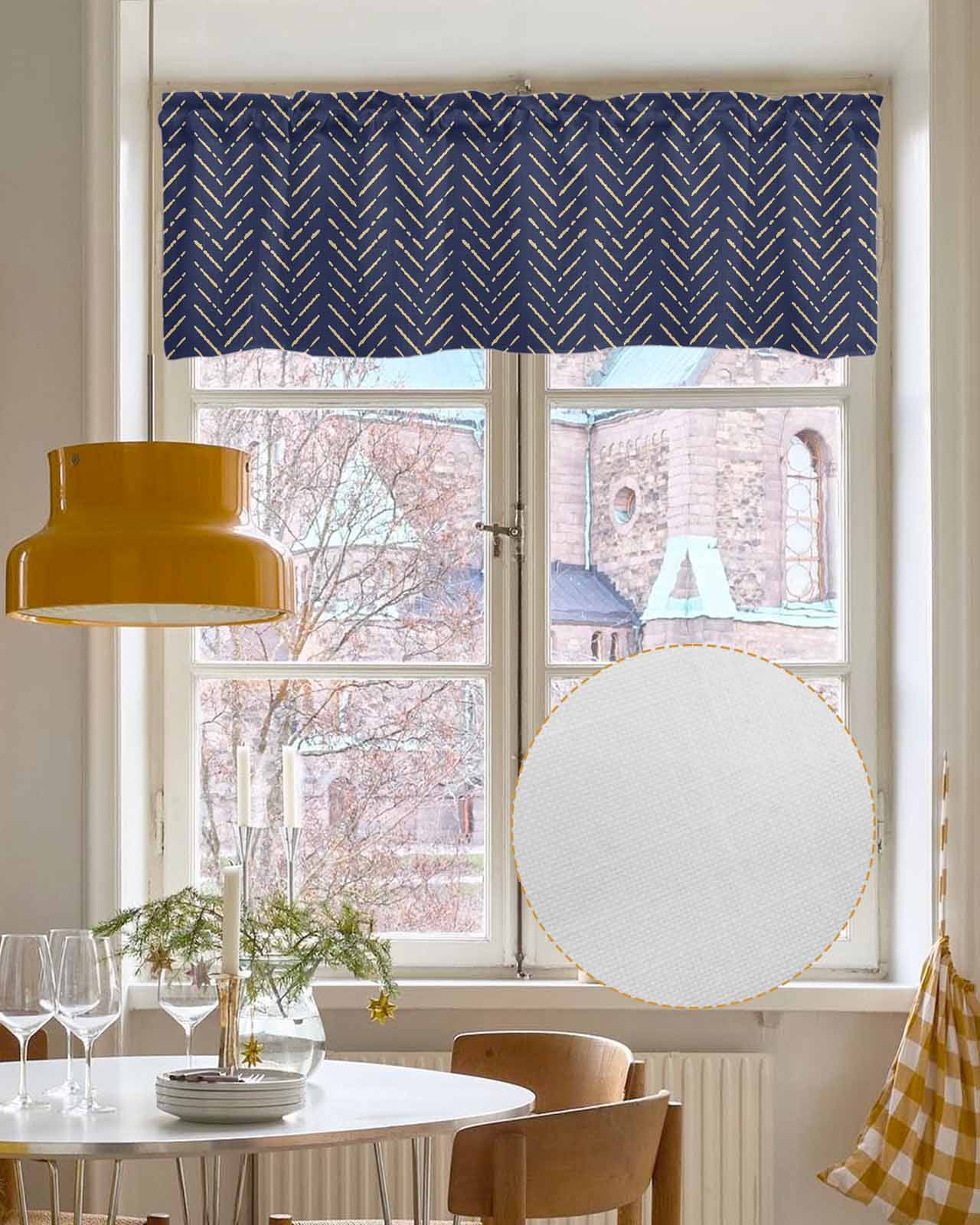 Navy Blue Gold Striped Linen Curtain Valance for Bedroom/Bathroom/Kitchen/Living/Dining Room Window,Contemporary Minimalist Boho Geometric Pocket Topper Drapes Decorative Cafe Drapery Panel 60"x18"