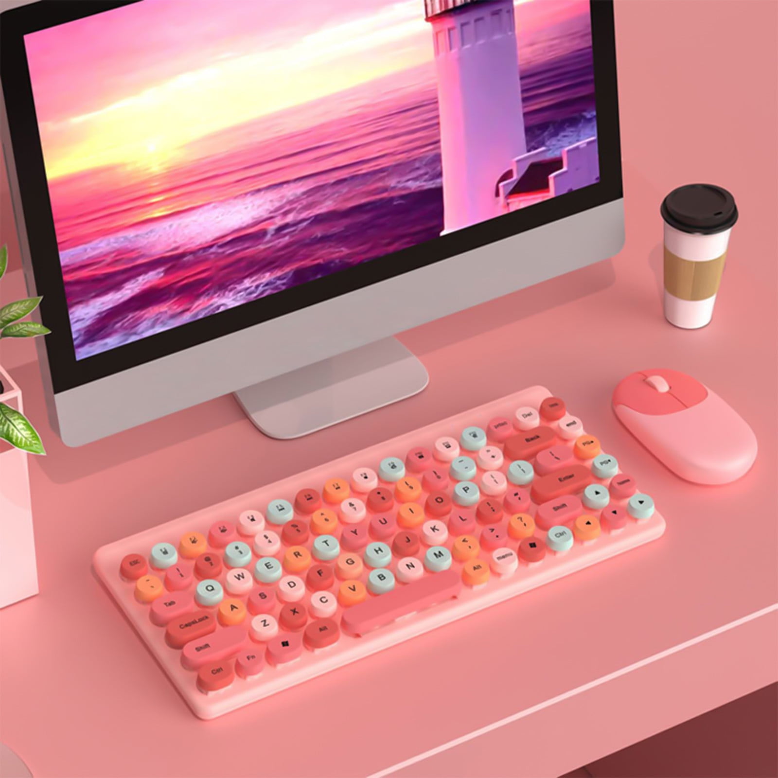 Wireless Keyboard and Mouse Combo, Retro Punk Round Keycap, for Windows/iOS/Linux PC Tablets