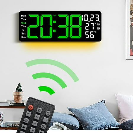 Zzbeans 17.3 Inch Large LED Digital Wall Clock, Multifunctional Electronic Clock with Temperature Humidity Display and Remote Control, Modern Alarm Clock with RGB Night Light for Living Room Bedroom