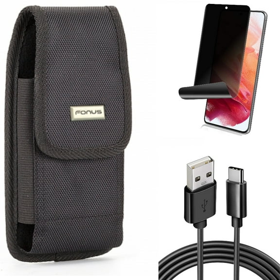 Privacy Screen Protector & Case Belt Clip & 6ft USB Cable for Samsung Galaxy S22 (6.1") - TPU Film Fingerprint Works & Swivel Holster & Type-C Charger Cord Accessory Bundle