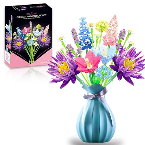 Flower Bouquet Building Set for Adults Women,Botanical Collection Unique Home Décor or Office Décor,13 Flowers Artificial Floral Building Gift for Valentine‘s Day,Christmas (13 Flowers)