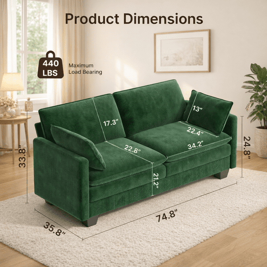 Aiho 75" L Loveseat Sofa, Comfy Corduroy Fluffy Couch with Deep Seat with Double Layer Cushions for Living Room, Apartment, Bedroom, Bedroom - Green