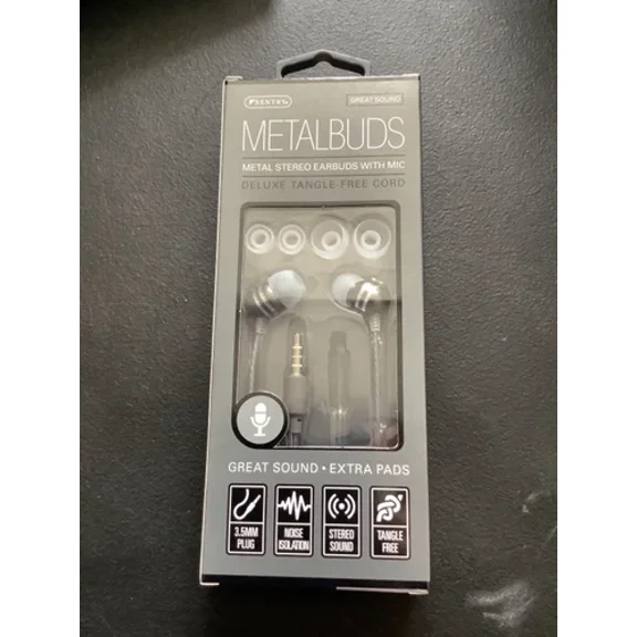 Sentry metal ear buds with microphone noise isolation spare cushions