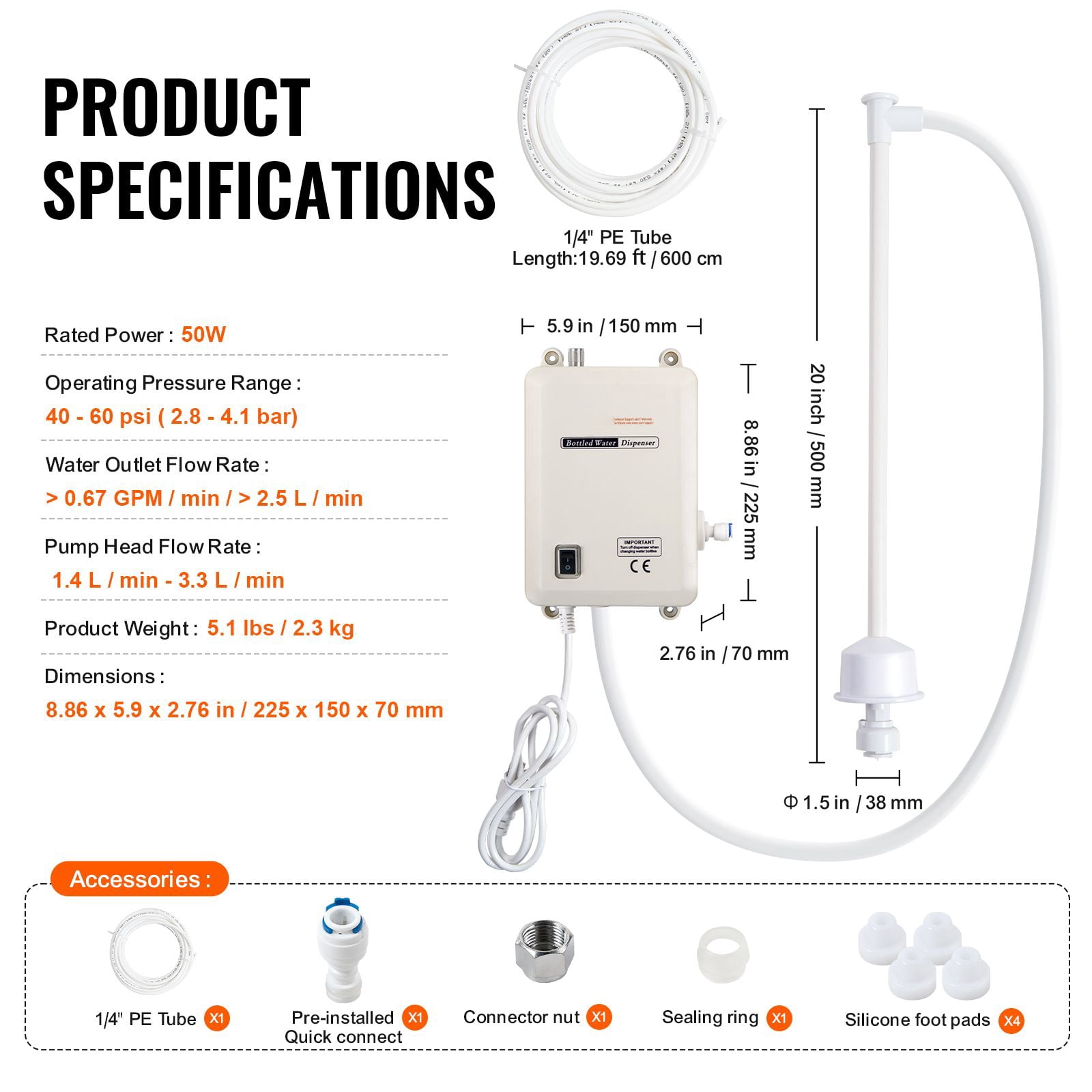 Bottled Water Dispenser Pump System with Adjustable Flow 1.4-3.3L/min, 40-60 PSI, Dual Switch Protection for 5-Gallon Water Jug