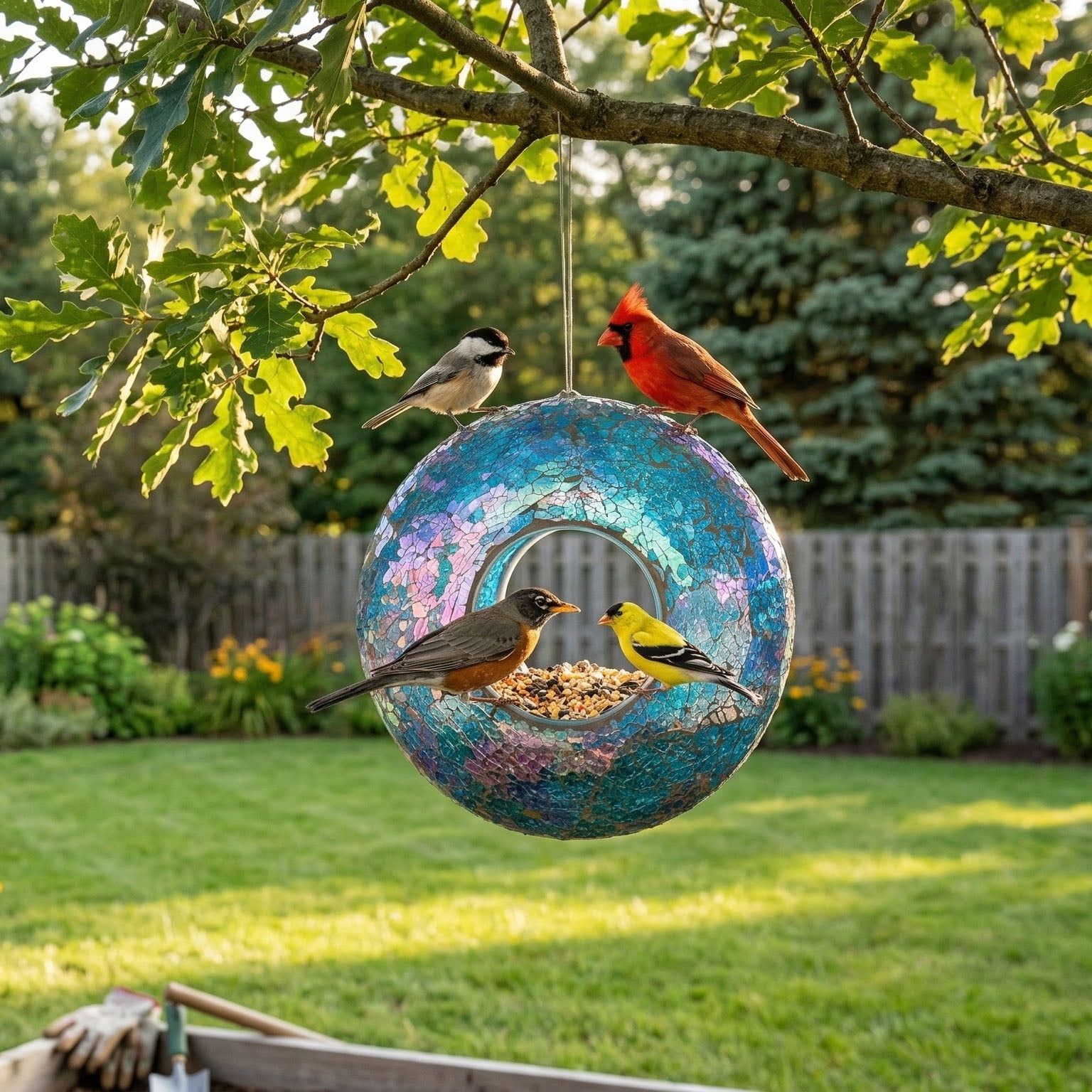 a ting garden hanging bird feeder mosaic circle for outdoor decoration,blue