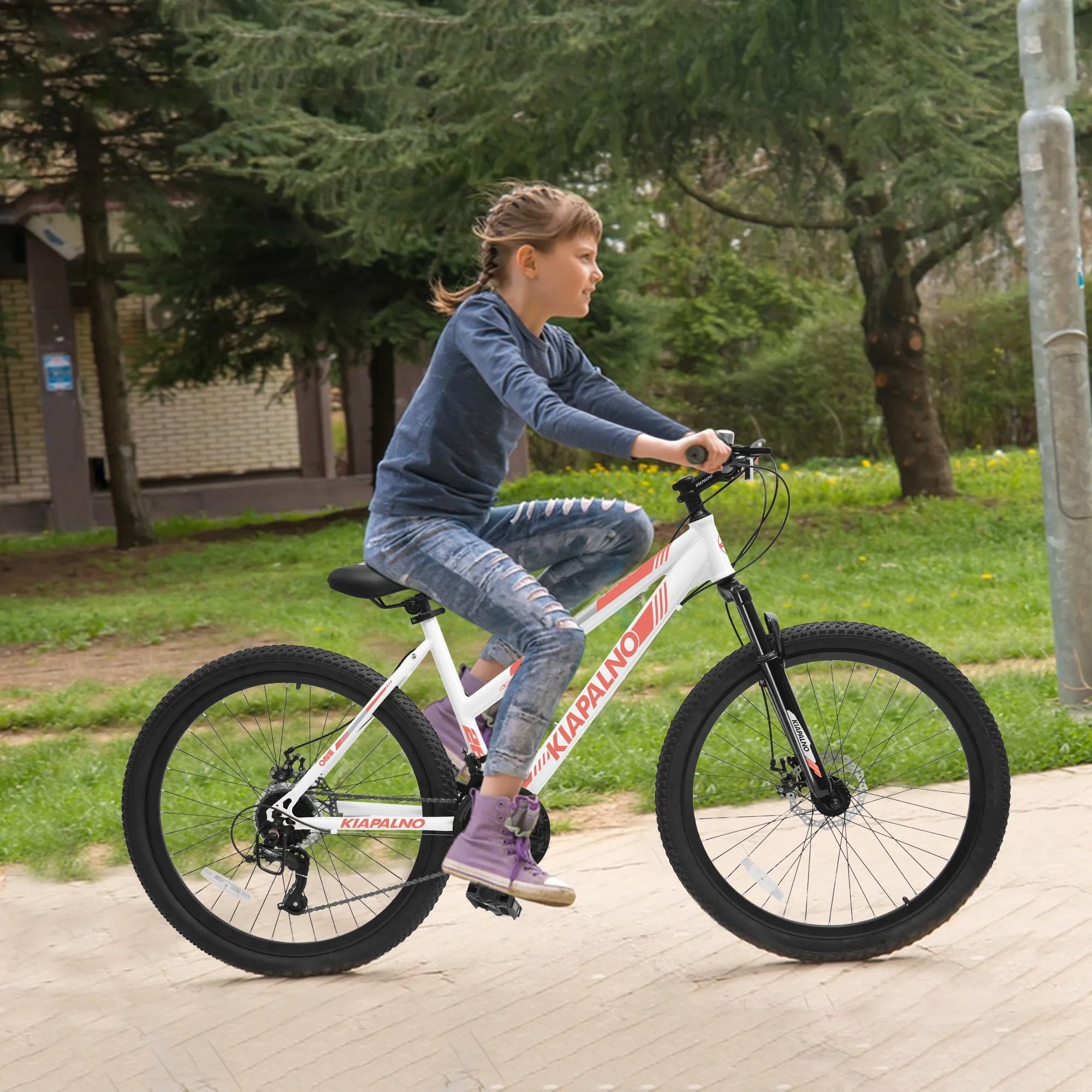 24 inch Women Mountain Bike, 21 Speeds Mountain Bicycle with Steel Frame, Dual Disc Brakes and 100mm Front Suspension, MTB Bike for Urban Trail Snow Commuter, White