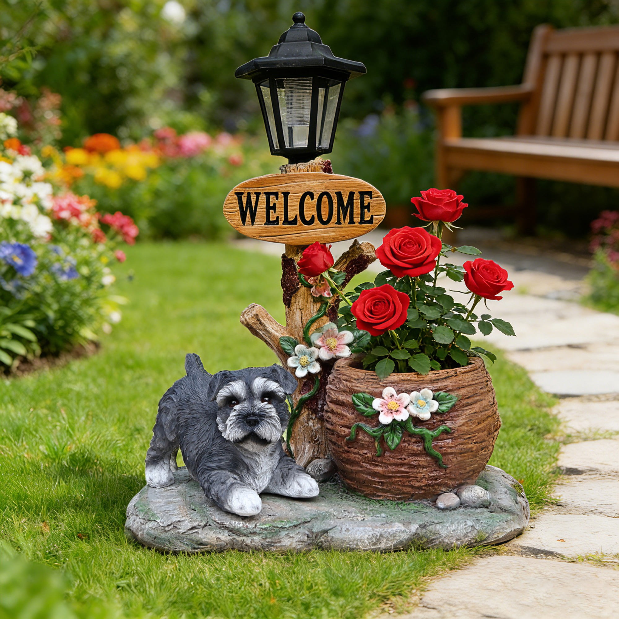 Schnauzer Dog Solar Planter Statue with LED Light, Brown Resin Flower Pot Decor, Garden Yard Patio Outdoor