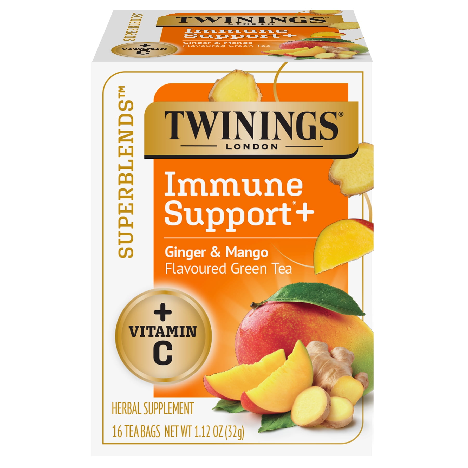Twinings Superblends Immune Support+ Ginger & Mango Flavoured Green Tea + Vitamin C , 16 Tea Bags
