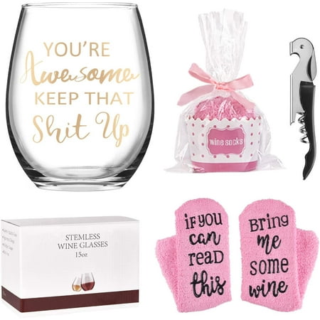 You're Awesome Keep That up Stemless Wine Glass Gift Set with Wine Socks  and Bottle