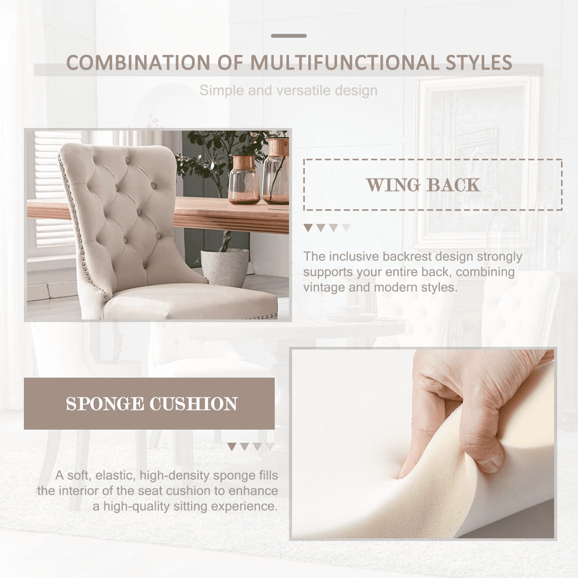 PORKISS Dining Chairs Set of 4, Upholstered High-End Tufted Dining Room Chair with Back Ring and Nailhead Trim, Modern Velvet Chairs with Solid Wood Legs for Kitchen,Beige