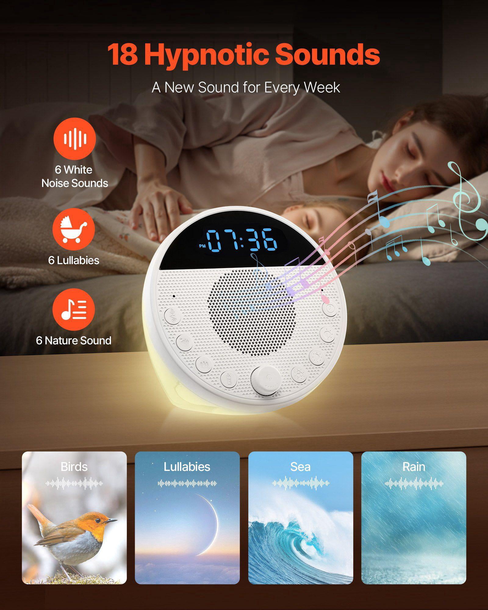 White Noise Machine 18 Soothing Sleep Sounds 7 Color Night Light Dual Alarm App Control Auto Off Timer Memory Function for Baby Adults Home Office Travel