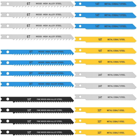 Tcwhniev 24pcs Contractor Jigsaw Blades Set with Storage Case, Assorted T-Shank Jig Saw Blades for Wood, Plastic and Metal Cutting