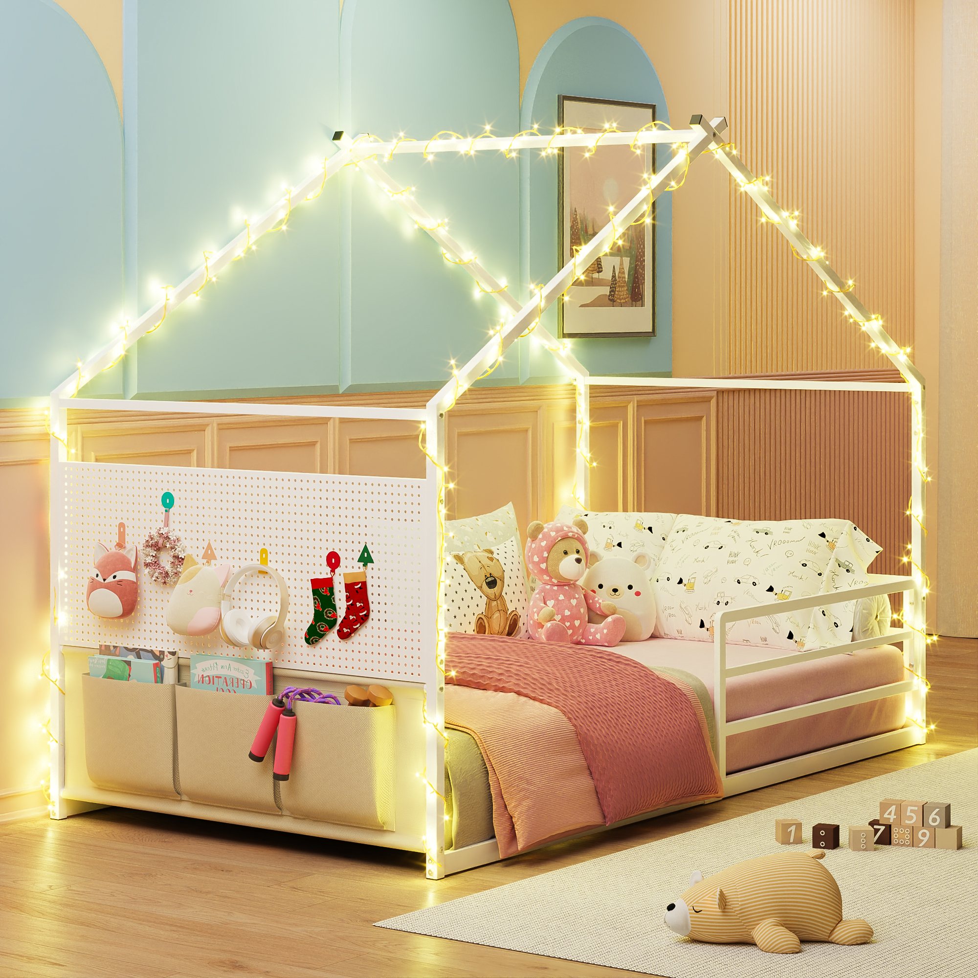 Yoneston Twin Floor Montessori Bed with Storage Caddy & Pegboard, House Shape Metal Floor Bed with Guardrails for Toddlers Kids Boys Girls, White