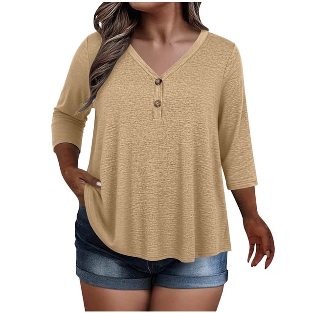 KyCheLot Women's V Neck Tops Fall Button Plus Size 3/4 Length Sleeve Solid Color Clothes Comfy Loose Hiking Tops