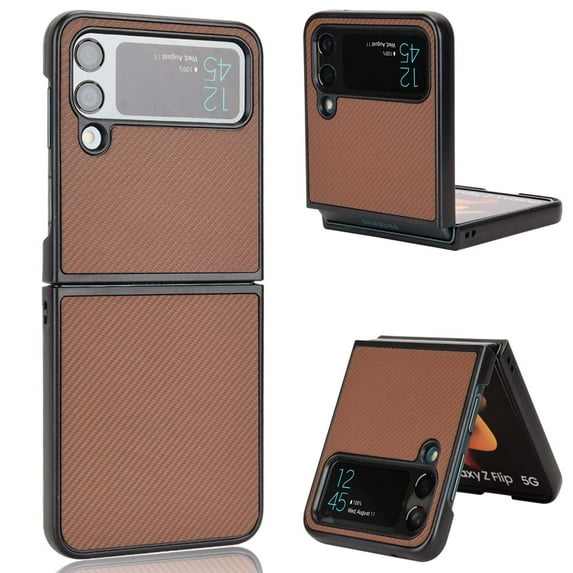 Slim Fit Case Compatible with Samsung Galaxy Z Flip 4 5G, Ultra Thin Hard PC Rugged Lightweight Carbon Fiber Texture Anti-Slip Durable Shockproof Cover for Samsung Galaxy Z Flip 4 5G,Brown