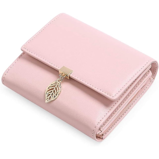 Monedero rosa claro para mujer, delicado monedero de hojas, de piel sintética, con cremallera y 6 ranuras para tarjetas de crédito