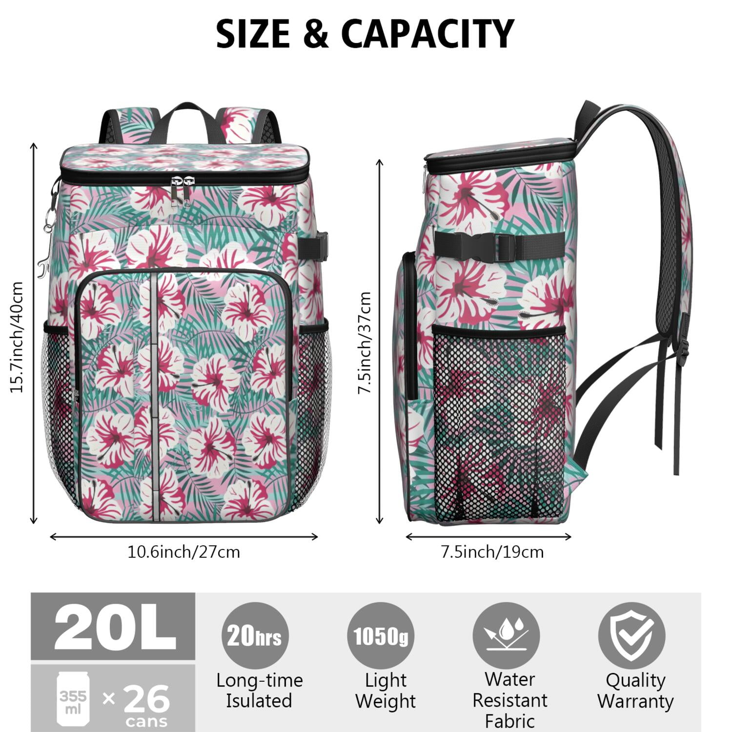 Travel Cooler Bag - Pioneer Flower Floral Print Pattern Camping Beer Cooler Backpack with Bottle Opener- Waterproof Insulated Picnic Backpacks - Cooler Bag for Beach
