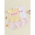 thumbnail image 3 of BemeyourBBs Toddler Baby Girls Summer Clothes Infant Baby Girl 2 Piece Outfits Adorable Donut Embroidery Flying Sleeve T Shirt Tops and Striped Ruffled Shorts Set, 3 of 9