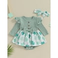 thumbnail image 2 of BABAMOON Newborn Baby Girls St. Patrick's Day Romper Dress Long Sleeve Clover Print Ruffle Jumpsuit with Headband Clothes, 2 of 9