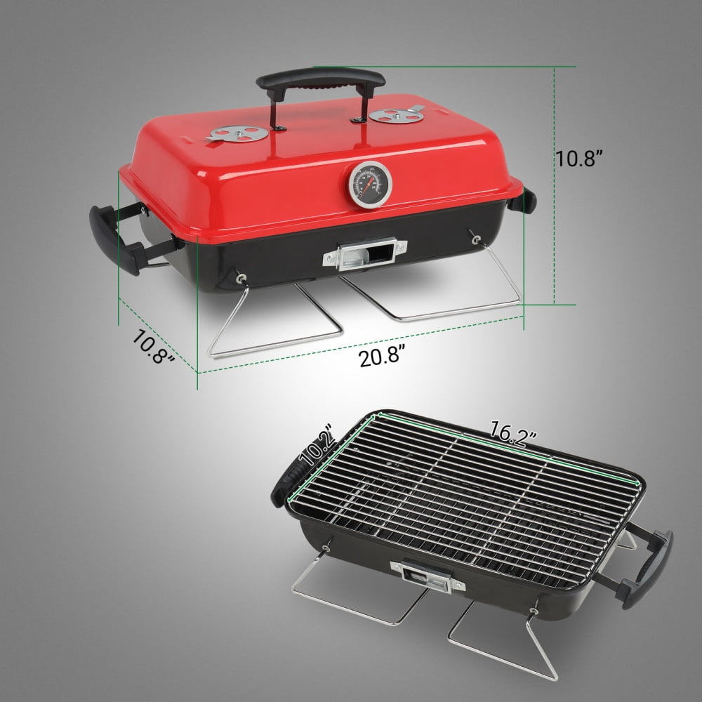 Portable Charcoal Grill Tabletop BBQ Smoker Small Camping Picnic Beach Backyard Enamel Body Chrome Plated Rack 21in Thermometer Air Vents Outdoor Barbecue Cooking Lightweight Easy Clean Use Best