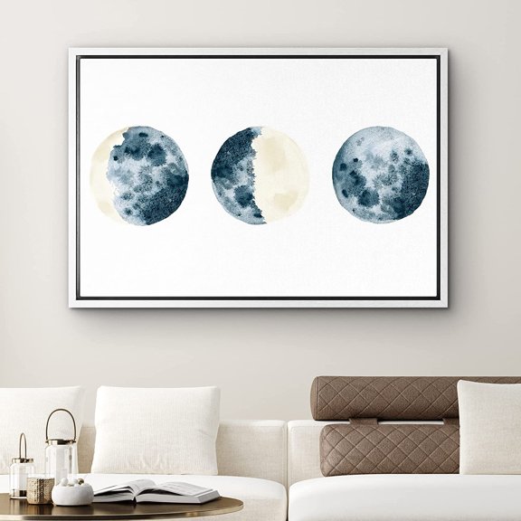 PixonSign Framed Canvas Print Wall Art Blue and Yellow Watercolor Moons Nature Clouds Illustrations Modern Art Chic Scenic Relax/Calm Blue Pastel for Living Room, Bedroom, Office - 24"x36" White