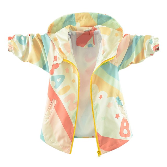LYHaoo Girls Raincoat Lightweight Windbreaker Jacket With Colorful Rainbow Print Lettering Pattern For Autumn Outerwear Trendy Coat Orange Sizes 9-10 Years