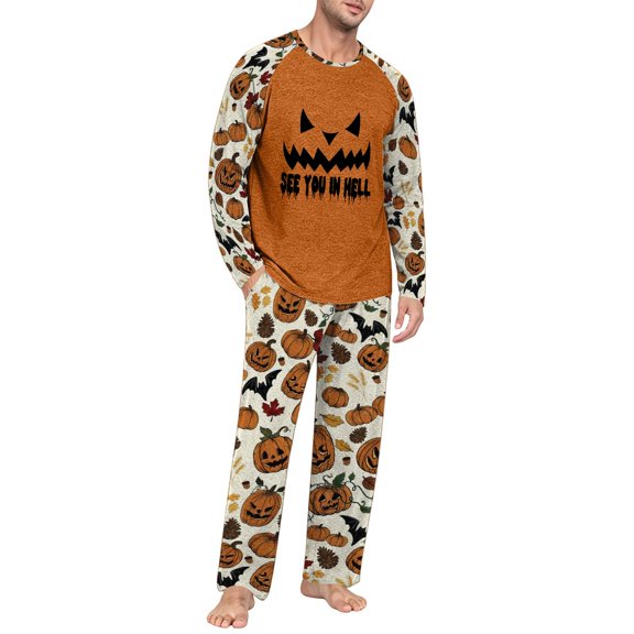 Men's Halloween Pajama Set Long Sleeve Raglan Crewneck Soft Cotton Loungewear with Print Top & Full Length Pants for Home Beige L