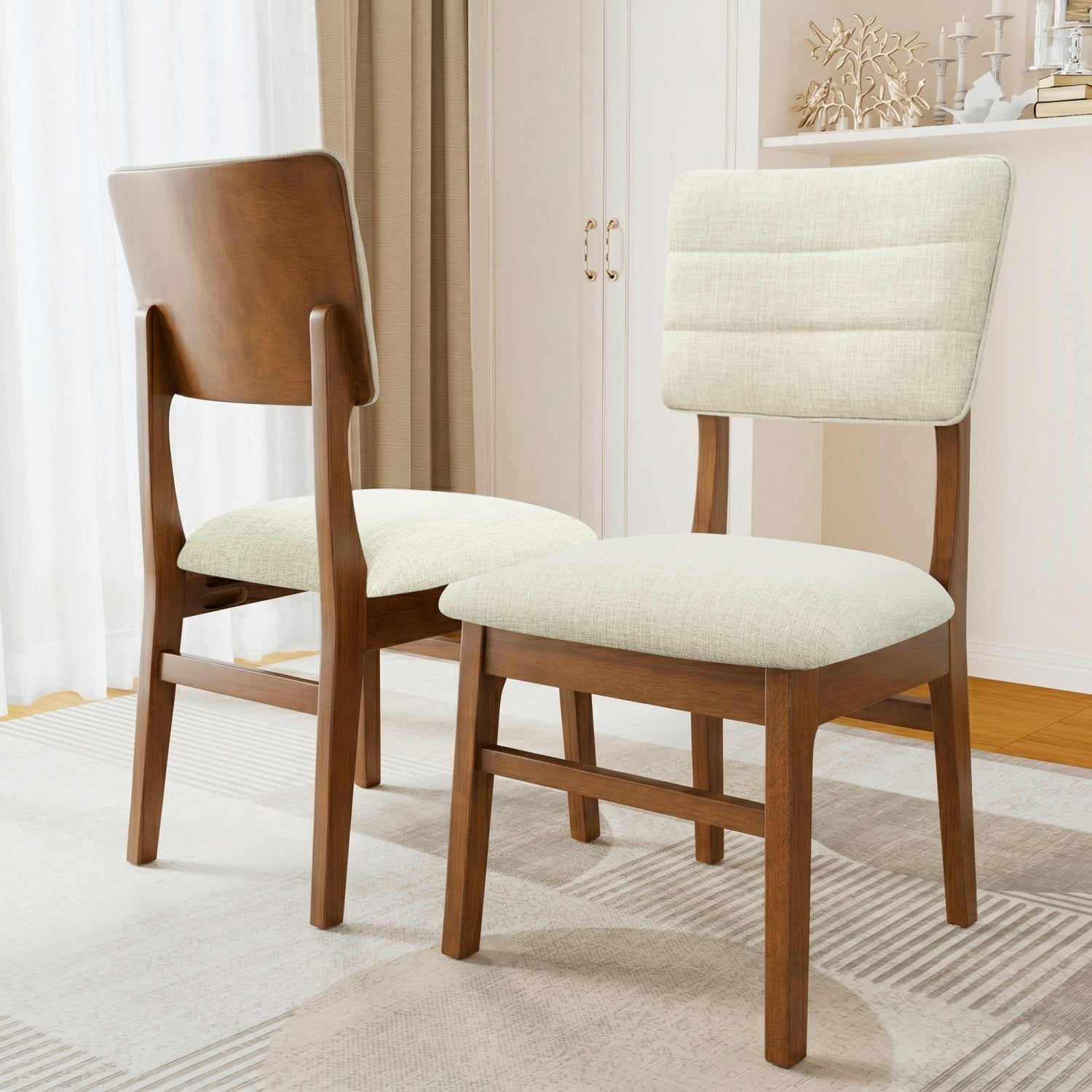 Upholstered Dining Chairs Set of 4, Mid Century Modern Kitchen & Dining Chairs with Ergonomic Back, Solid Rubberwood Frame, Fabric Side Chairs with Non-Slip Feet, Beige & Brown