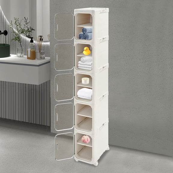 5 Tiers Tall Narrow Storage Cabinet, Slim Storage Cabinet with Wheels, Rectangular Narrow Organizer for Small Space, Bathroom, Kitchen, Laundry