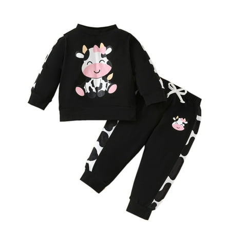 

Icvfdpl Toddler Girls Outfits Set Long Sleeve Tops Shirt Cartoon Dairy Cow Prints Pants Casual Outfit Home Wear