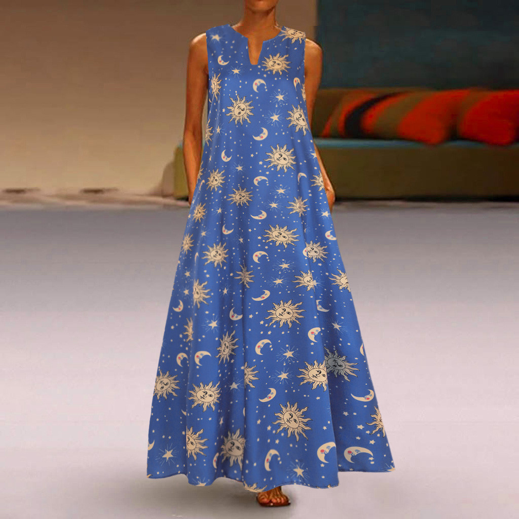 Handyulong Women Sleeveless Sun Stars Moon Print Maxi Dress V-Neck Bohemian Dress Tank Dress Summer Dresses for Women