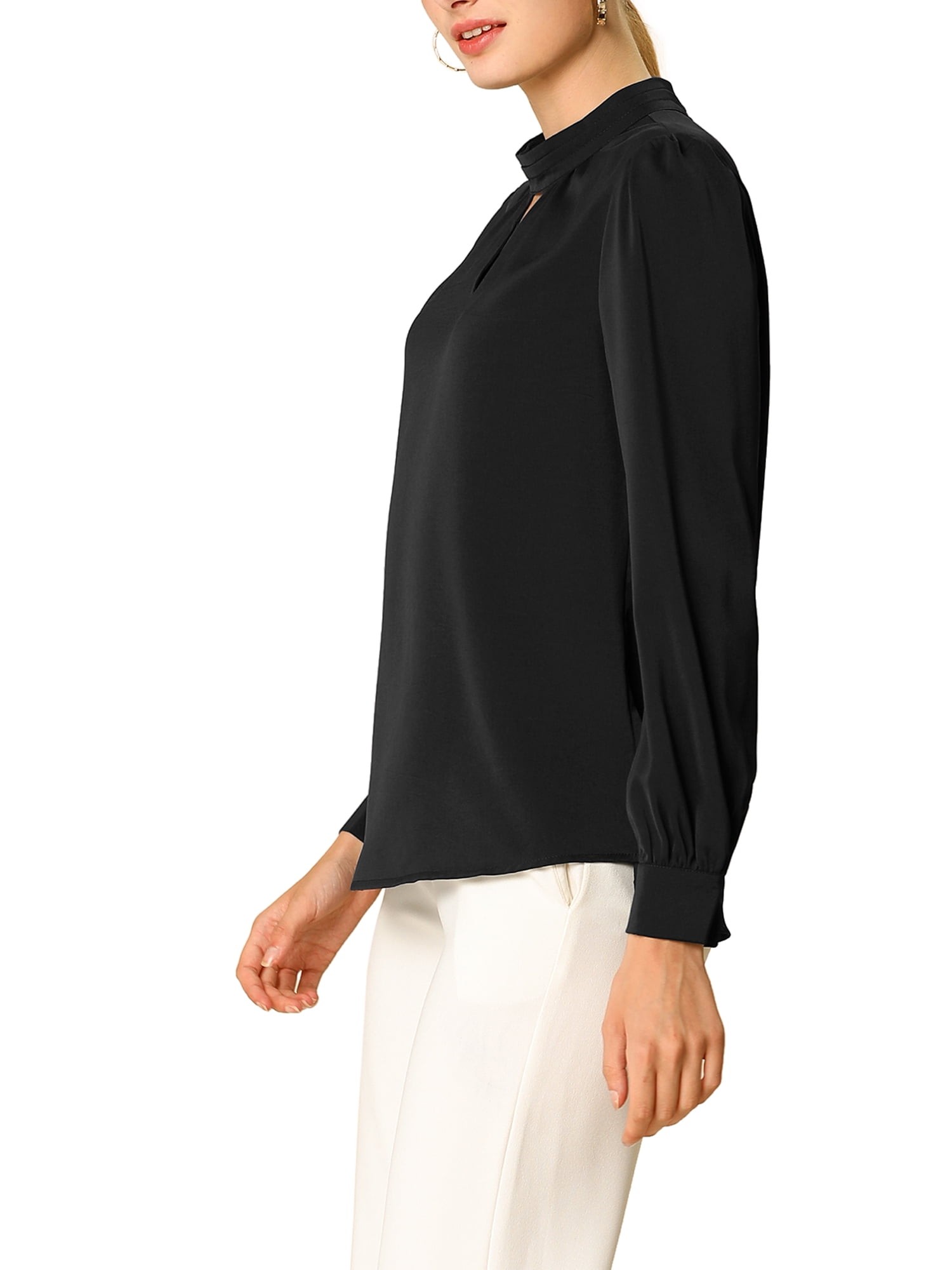 DARING DIVA Women's Stand Collar Long Sleeve Office Blouse M Black